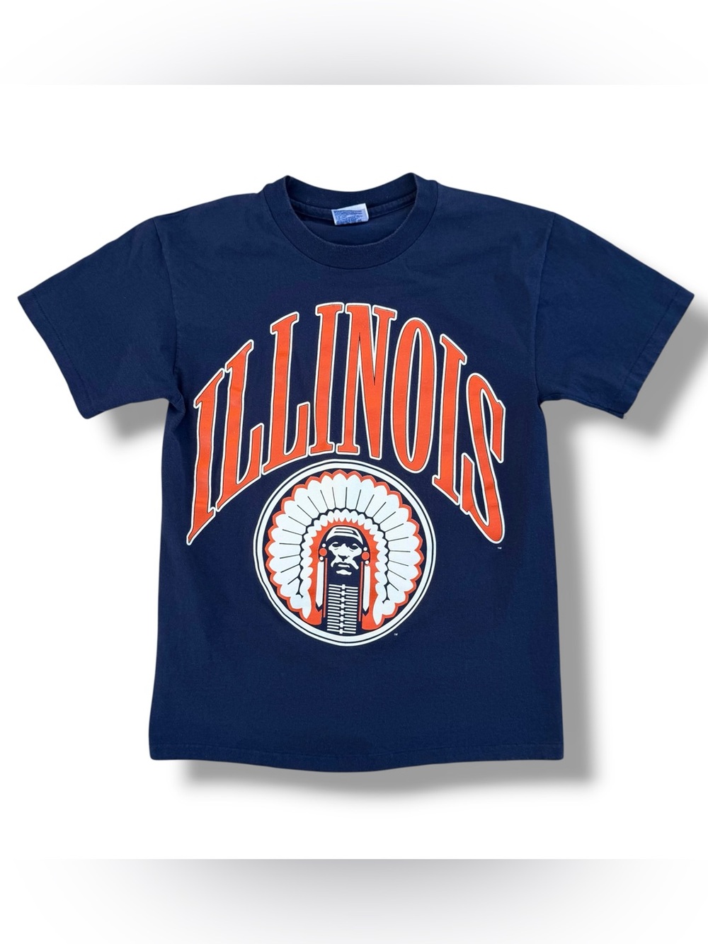 Vintage 90s University of illinois Chief illiniwek T-Shirt Navy Blue Medium USA